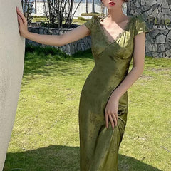 Elegant Women Green Satin Backless Mixi Dress Palace Short Sleeve Lace V-Neck Bandage Vintage Bodycon Evening Gown