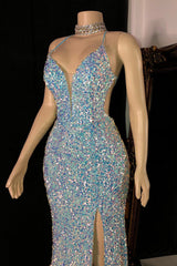 Glittering Spaghetti-Straps Sequins Prom Dress Mermaid Sleeveless With Slit