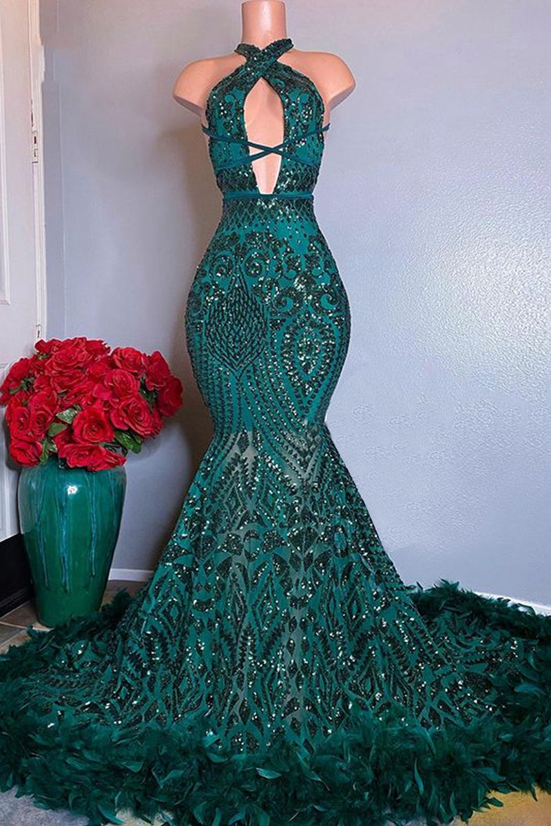 Gorgeous Halter Sleeveless Mermaid Prom Dresses Sequins Long With Feather Bottom