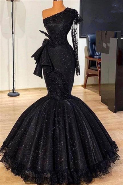 Mermaid Asymmetrical One Shoulder Floor-length Bowknot Appliques Lace Prom Dress