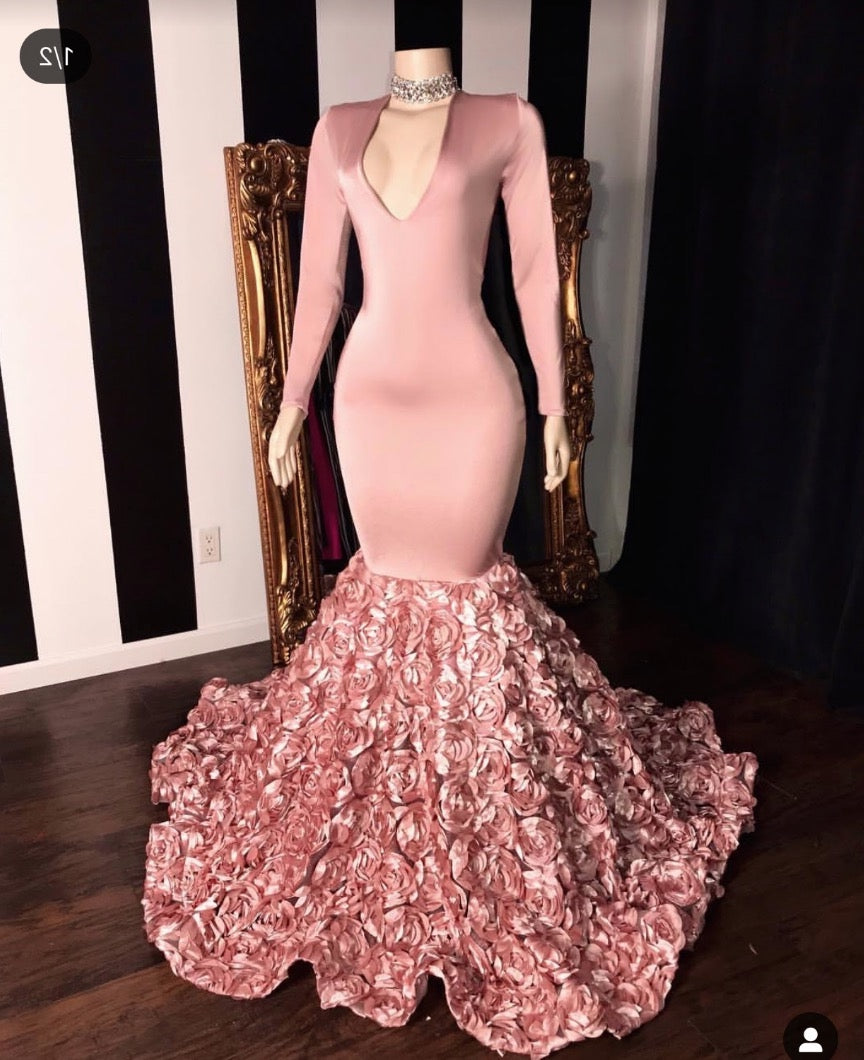 2022 Long Sleeve Dusty Rose V-neck Mermaid Prom Dresses