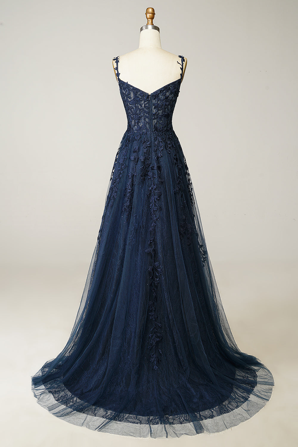 A Line Spaghetti Straps Navy Prom Dress with Appliques
