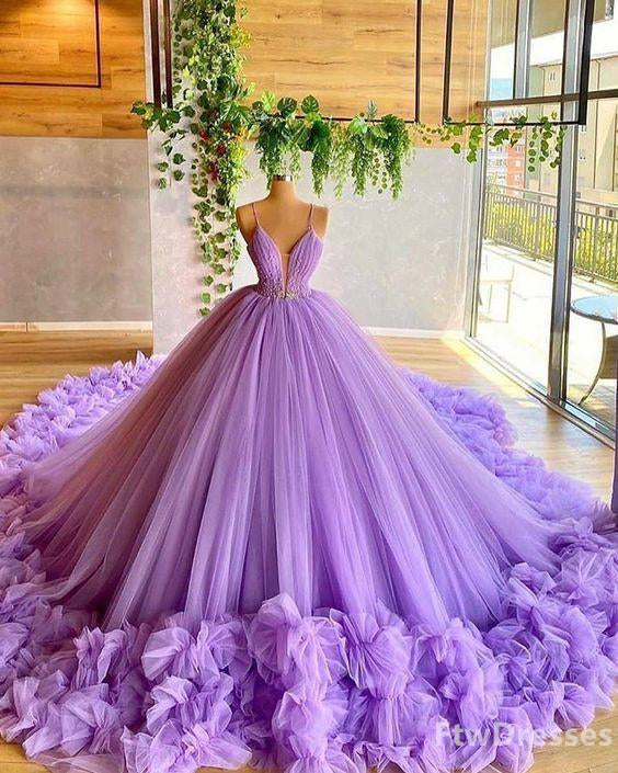 Spaghetti Straps Lavender Beading Bodice Tulle Evening Dress with Handmade Flowers
