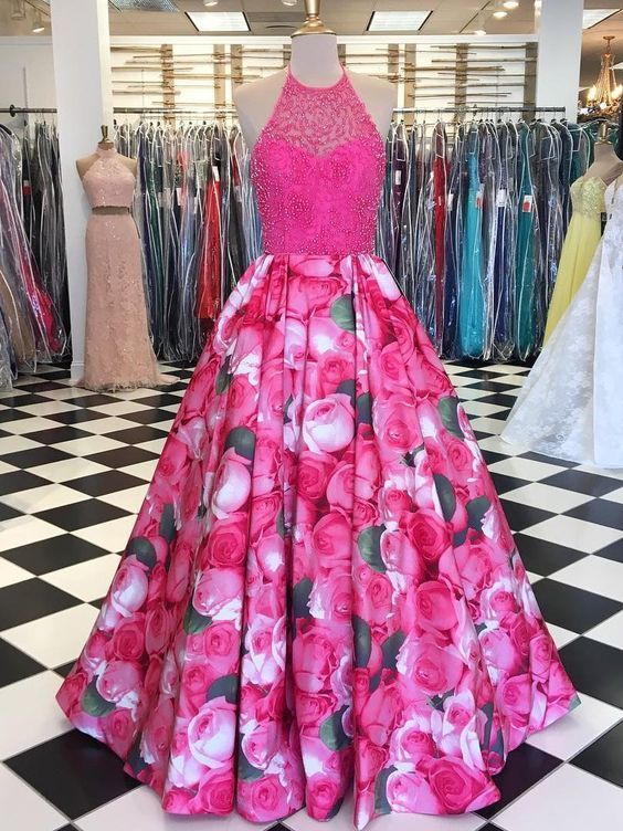 A-line Spaghetti Straps Floral Prom Dress 2021 Floor Length Long Prom Dresses Evening Dress