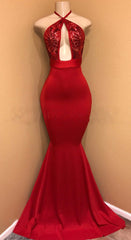Sexy Red Mermaid Halter Open Front Satin Prom Dresses With Sequence