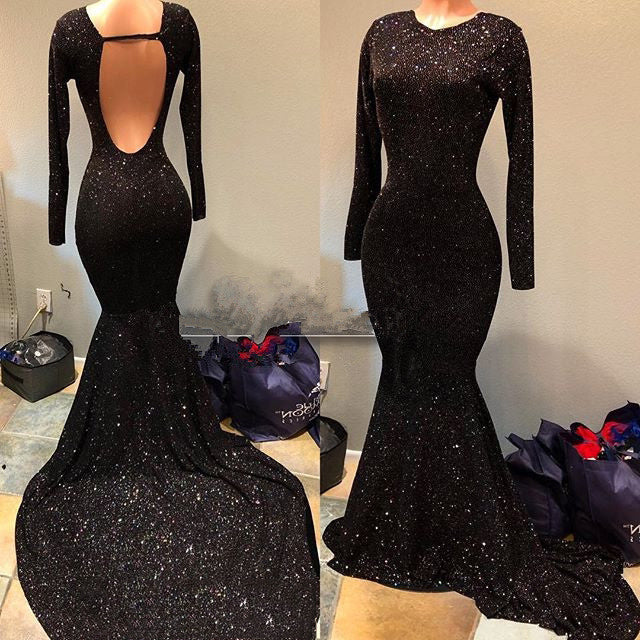 Shiny Black Mermaid Long Sleeves Round Neck Backless Long Sequence Prom Dresses