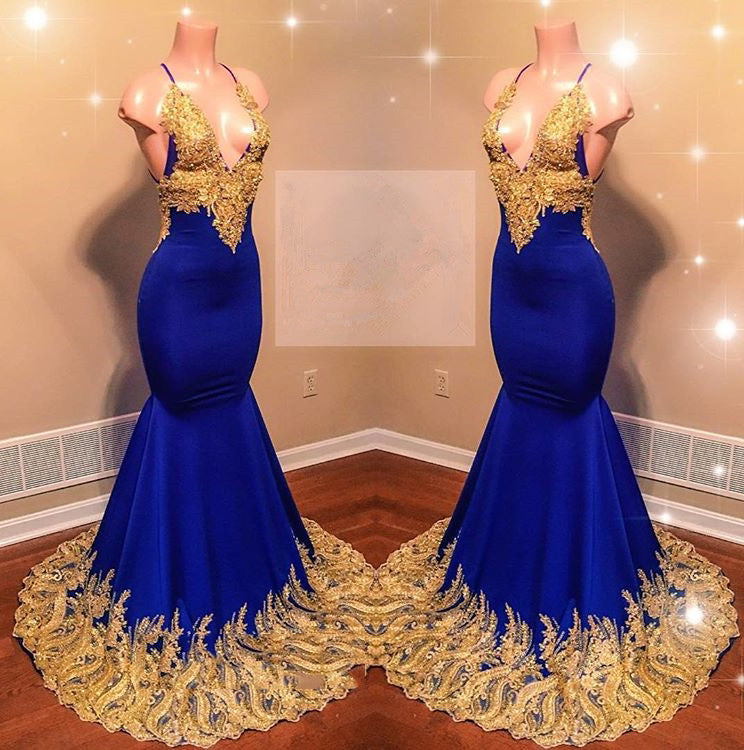 Amazing Royal Blue Mermaid With Gold Appliques Sweetheart Spaghetti Straps Backless Prom Dresses