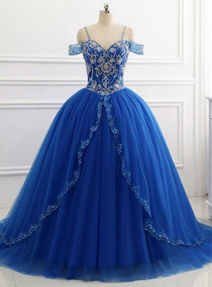 Elegant Off Shoulder Tulle Royal Blue Beaded Sweetheart Ball Gown Prom Dresses