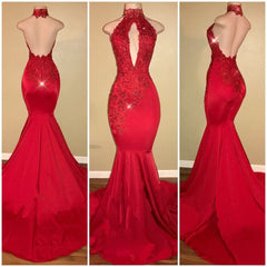 Sexy Mermaid Red High Neck Backless African Open Front Long Prom Dresses