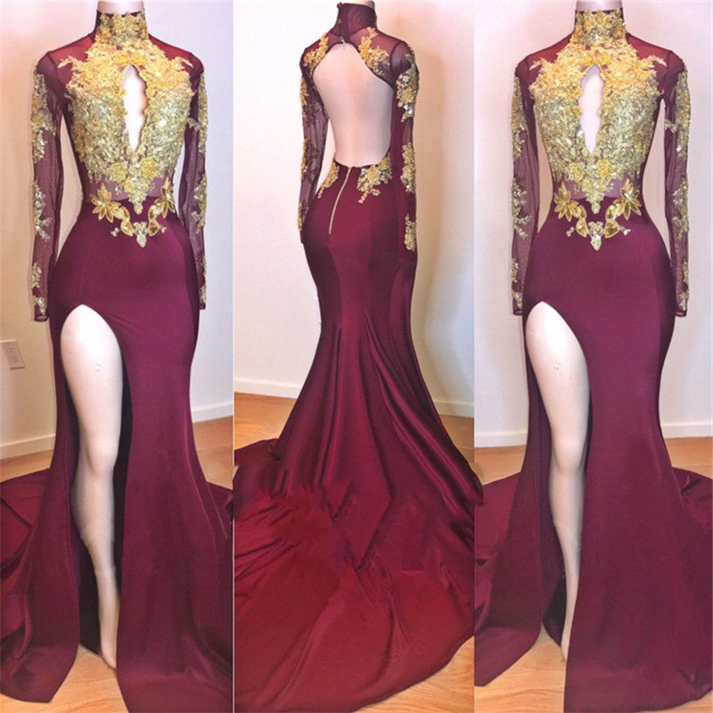2022 Amazing Burgundy and Gold Appliques Long Sleeves High Neck Side Slit African American Prom Dresses