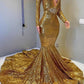 2022 Sexy Mermaid Gold V Neck Backless Long Sleeves Sequence African American Prom Dresses