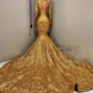 2022 Sexy Mermaid Gold V Neck Backless Long Sleeves Sequence African American Prom Dresses