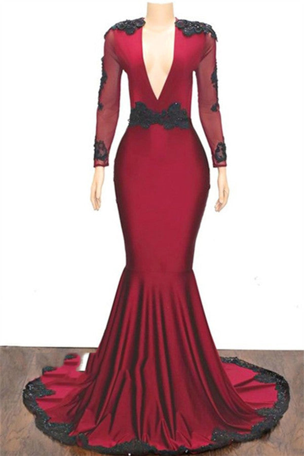 2022 Elegant Mermaid/Trumpet V Neck Long Sleeve Applique Beaded Backless Satin Prom Dresses