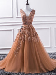 Deep V Neck Brown Tulle Appliques Sleeveless Flowers A Line Pleated Long 2024 Prom Dresses