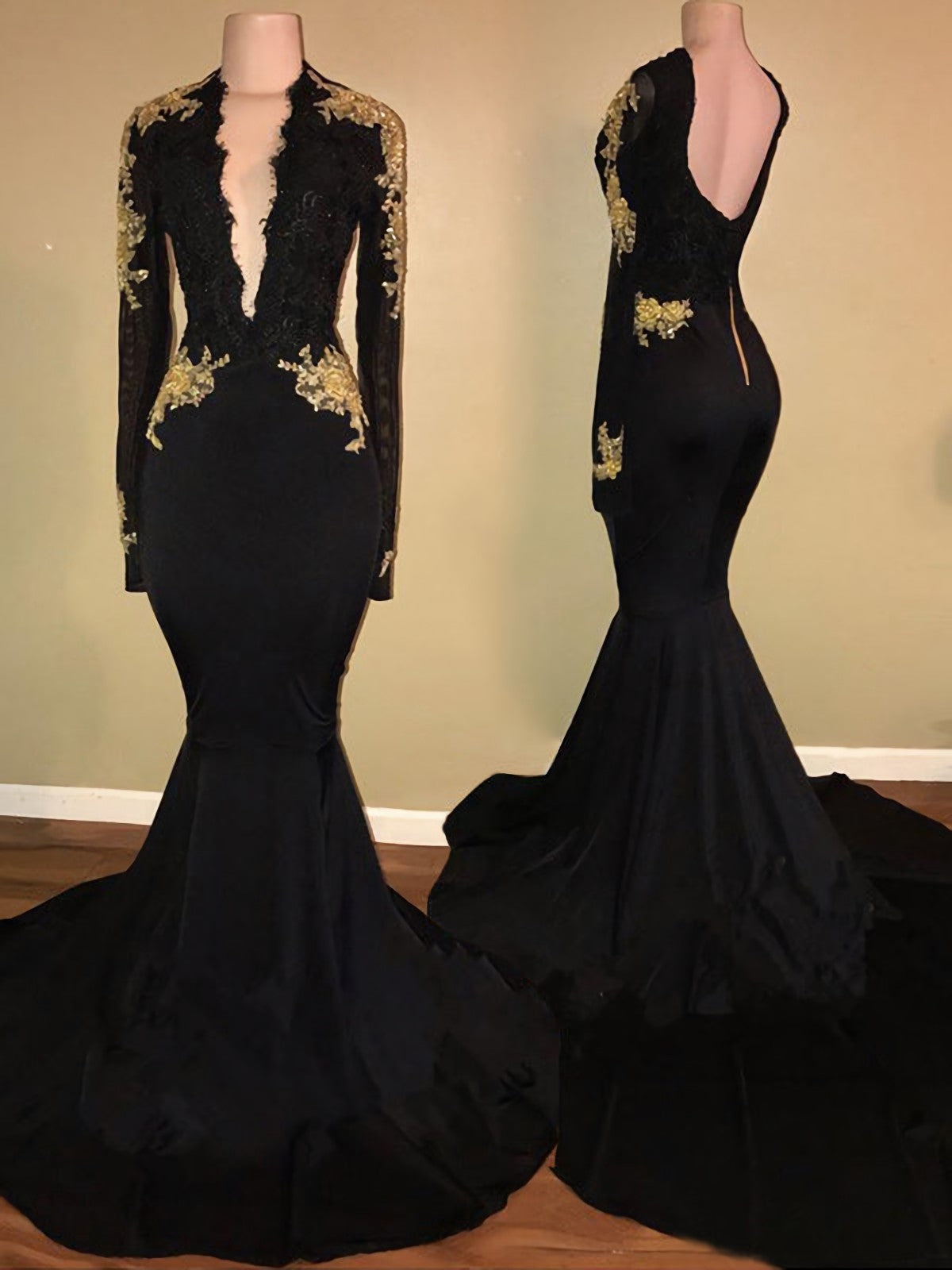 Deep V Neck Backless Long Sleeve Satin Black Mermaid Appliques 2024 Prom Dresses