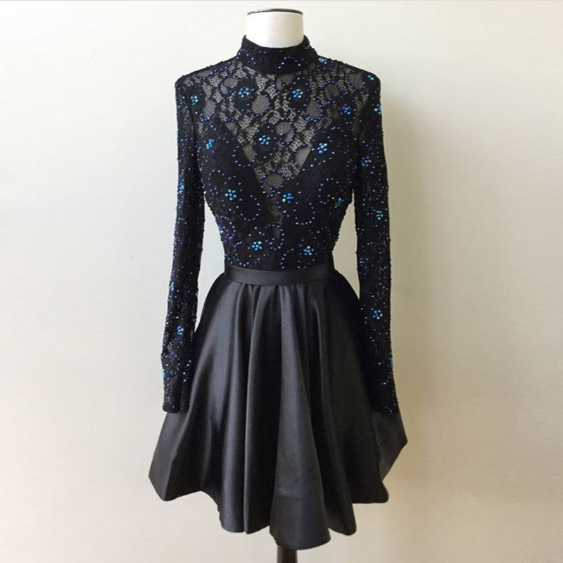 Lace A Line Beading Satin Pleated Black Long Sleeve High Neck Short Homecoming Dresses