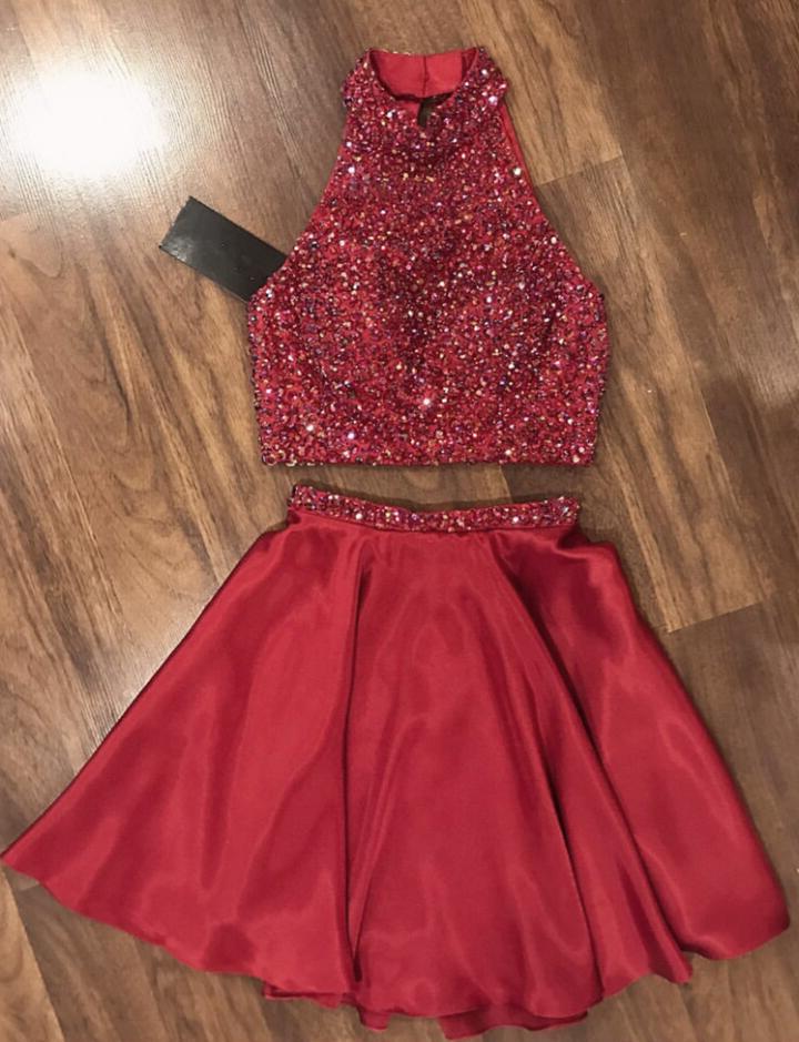 Halter Sleeveless Red A Line Two Pieces Beading Satin Pleated Short Homecoming Dresses
