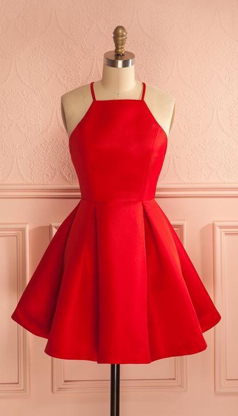 Sleeveless Red Halter Spaghetti Straps A Line Pleated Satin Short Homecoming Dresses