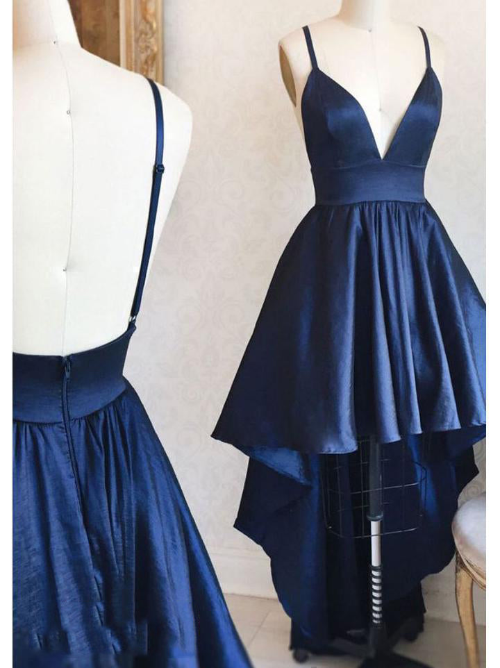 High Low Navy Blue Deep V Neck Spaghetti Straps Backless A Line Satin Homecoming Dresses