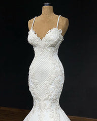 2024 Sexy Mermaid/Trumpet Spaghetti Straps Sweetheart Satin Applique Wedding Dresses