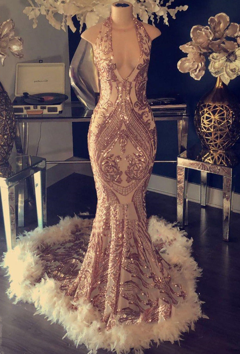 2022 Sexy Gold Sequence V Neck Halter Backless Feathers Prom Dresses