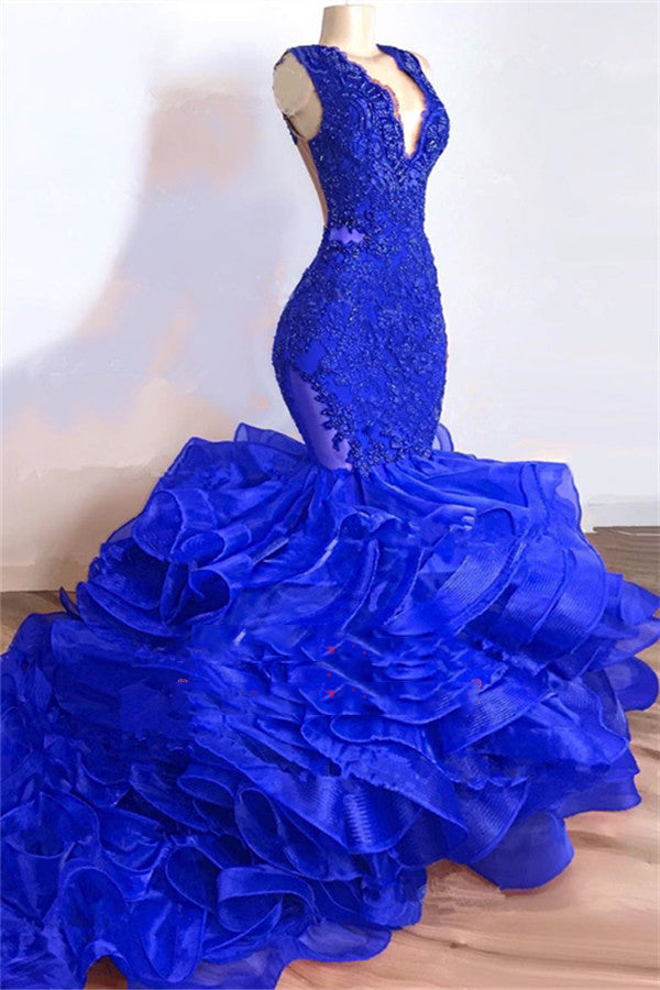 2022 Royal Blue Mermaid V Neck Organza Layered Lace Long Prom Dresses
