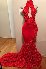 Red Mermaid High Neck Rose Open Front Backless 2024 Prom Dresses