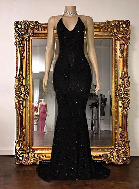 Sexy 2022 Black Halter Mermaid Sequence Backless Prom Dresses