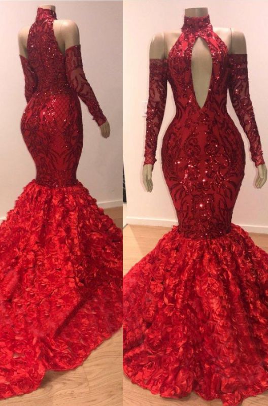 Charming Mermaid High Neck Red Long Sleeves Hollow Out Open Front Lace Prom Dresses 2022