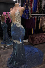Sheath 2024 Blue Open Front Backless Long Halter Prom Dress