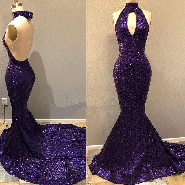 2022 Purple Sequence Mermaid Backless Long Prom Dress