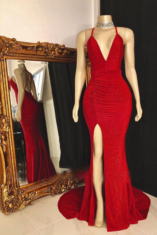 Red Side Slit Sequence V Neck Backless Long Prom Dress 2022