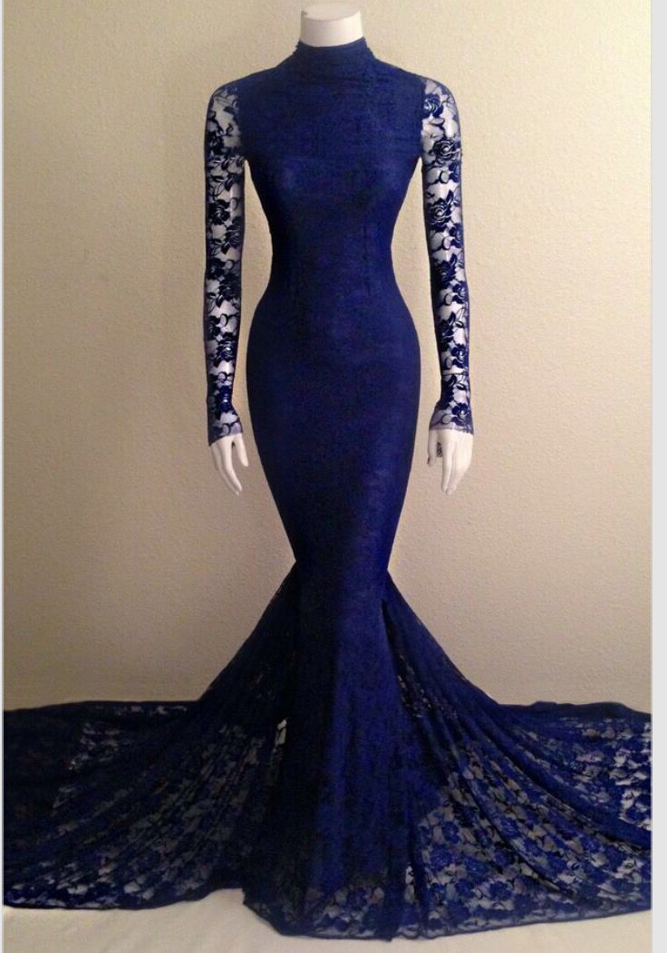 2022 Mermaid Long Sleeves Royal Blue Lace High Neck Long Prom Dress