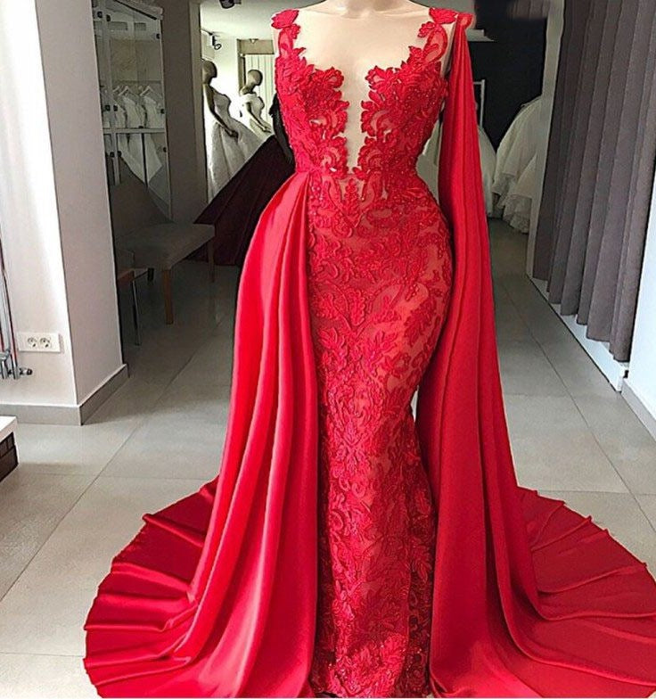 2022 Red Tulle With Appliques Long Satin Sheath Prom Dress