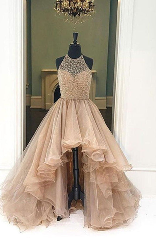 2022 Halter Beaded High Low Organza Champagne Prom Dresses