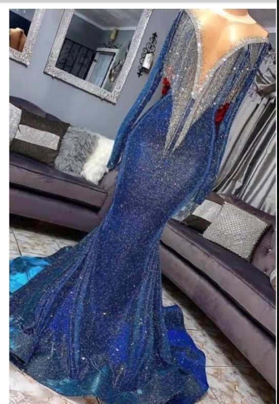 2024 Sexy Long Sleeve Mermaid V Neck Royal Blue Long Prom Dresses