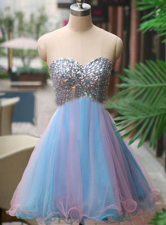 A-Line Sweetheart Multi Color Tulle Short Homecoming Dress 2022 with Beading