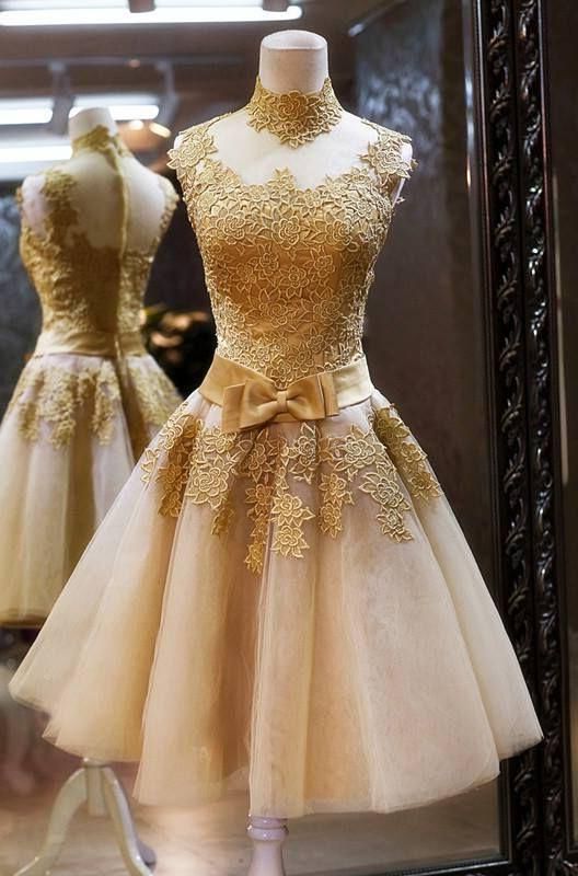 A-Line High Neck Knee-Length Champagne Short Homecoming Dress 2022 with Appliques