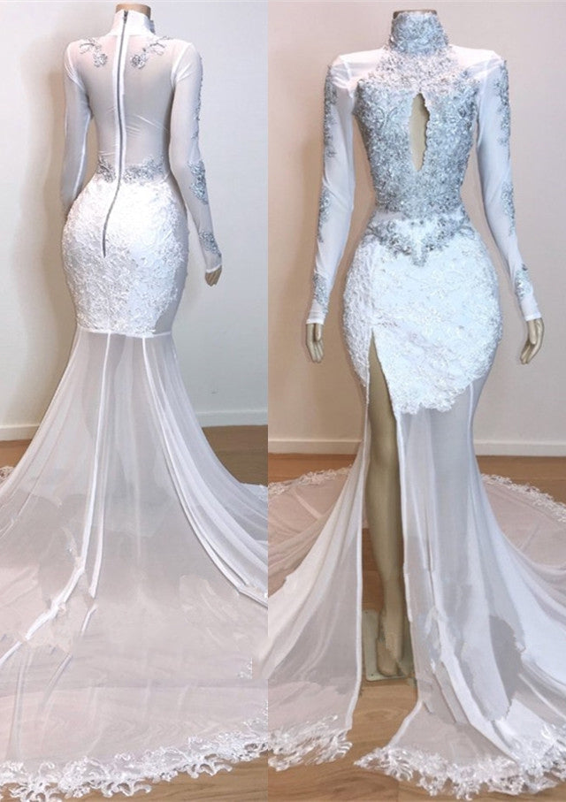 2022 White Long Sleeve High Neck Lace and Tulle Side Slit Mermaid Prom Dresses
