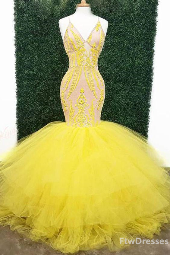 Yellow Sexy Prom Dresses With Deep V Neck Lace Appliques Mermaid Evening Gowns