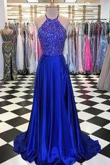 blue a line beads long prom dress blue evening dress