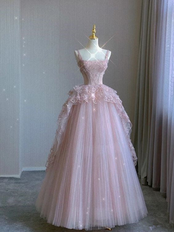 Pink tulle lace long prom dress, pink evening dress