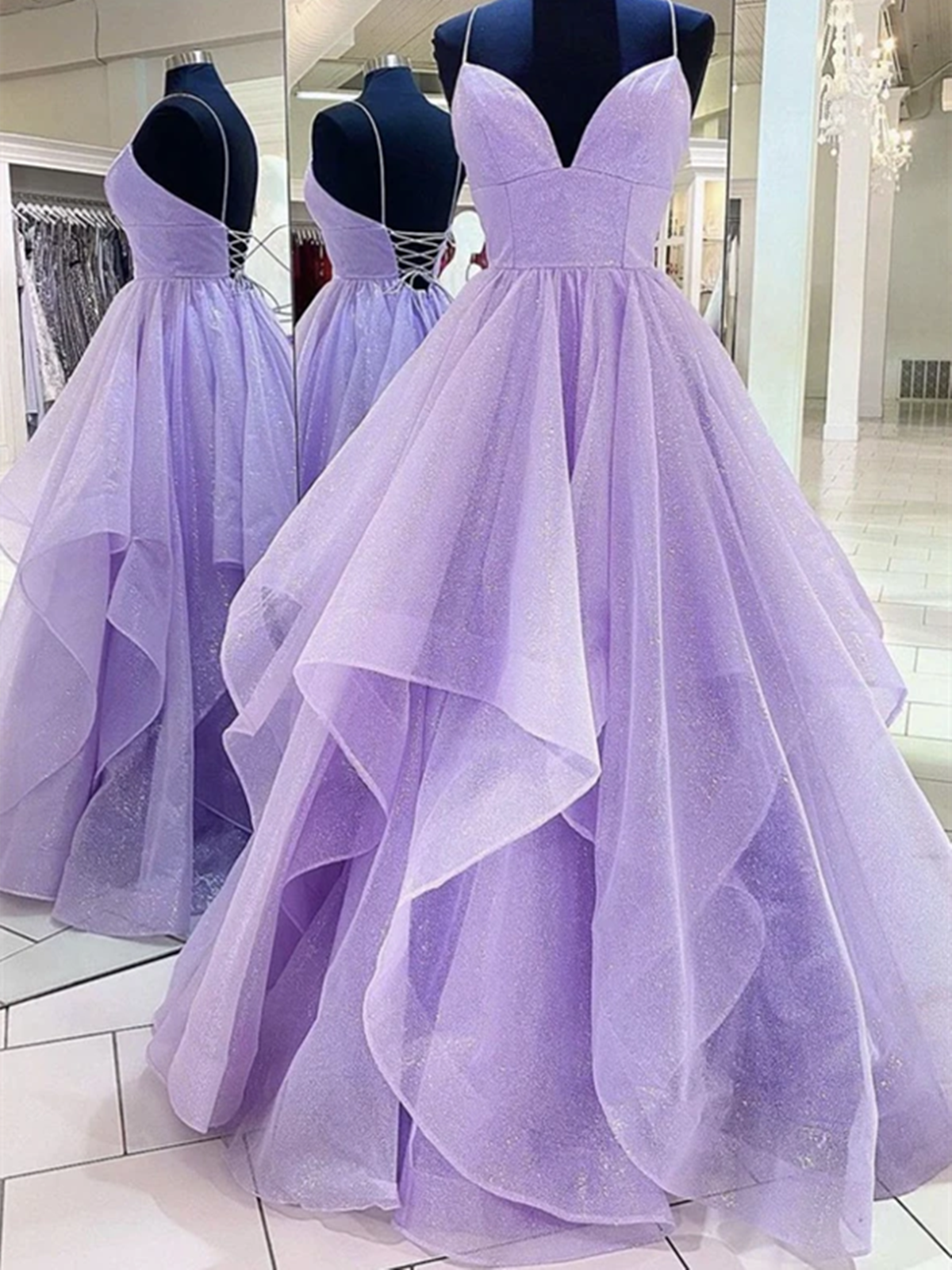A Line V Neck Purple Tulle Long Prom Dresses