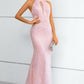 Pink Sequined Halter Neck Keyhole Backless Mermaid Prom Dress
