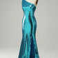 Sparkly Blue Sequins One Shoulder Long Prom Dress with Slit