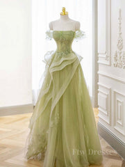 A-Line Off Shoulder Green Lace Long Prom Dress, Green Formal Dress