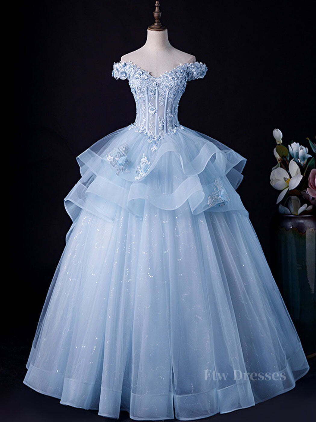 A-Line Off Shoulder Lace Tulle Blue Long Prom Dress, Blue Sweet 16 Dress