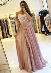 A Line Princess Sweetheart Sleeveless Long Floor Length Chiffon Prom Dress With Split Appliqued