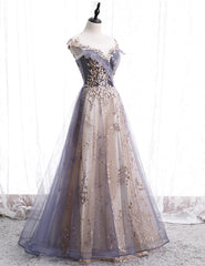 A-line Tulle with Lace Applique Party Dress, Tulle Long Prom Dress