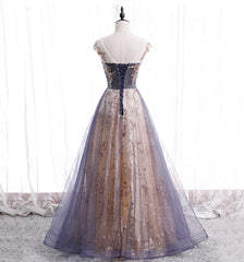A-line Tulle with Lace Applique Party Dress, Tulle Long Prom Dress